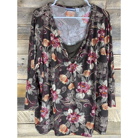 Croft & Barrow Women's Plus Sz 3X Floral Print Layered Look 3/4 Sleeve Top - Picture 1 of 11